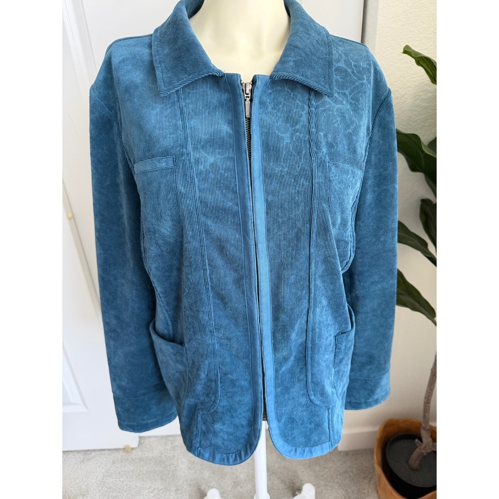 Chicos Teal Blue Embossed Corduroy Zip Front Jacket Size 2 Classic Chic